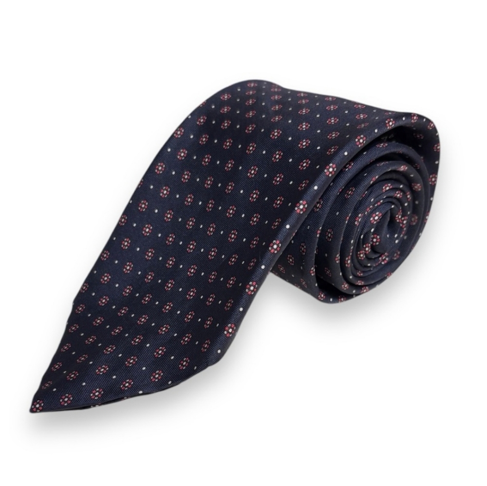 CHRISTIAN DIOR Grey Silk Tie Red & Cream Floral Pattern